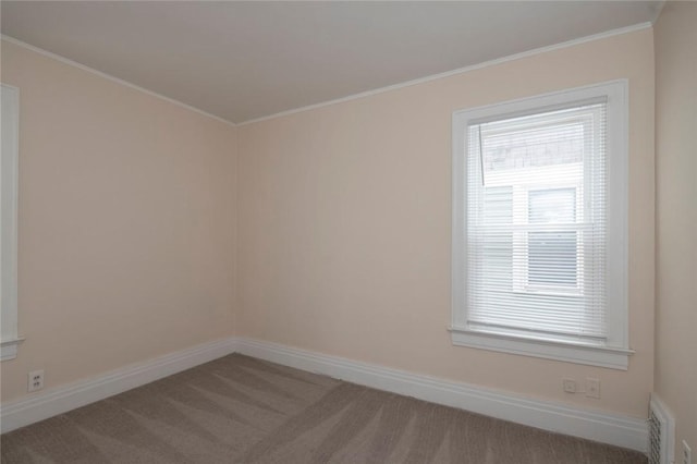 unfurnished room with ornamental molding and carpet