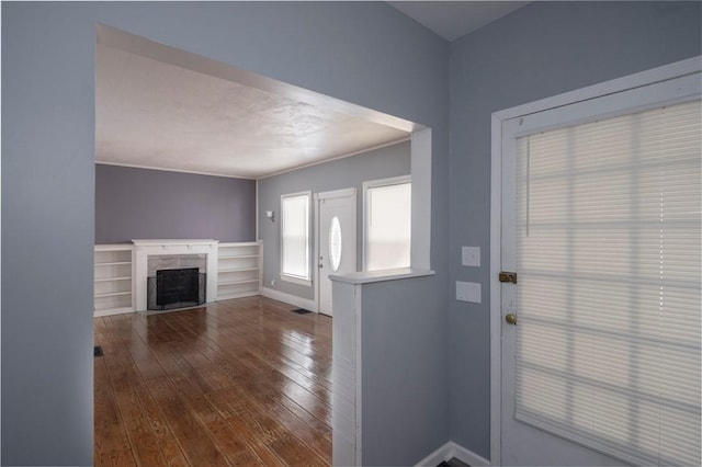 entryway with hardwood / wood-style flooring and a premium fireplace