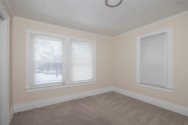 carpeted spare room with ornamental molding