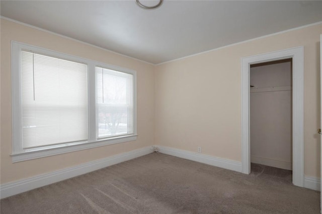 unfurnished bedroom with crown molding, carpet floors, and a closet