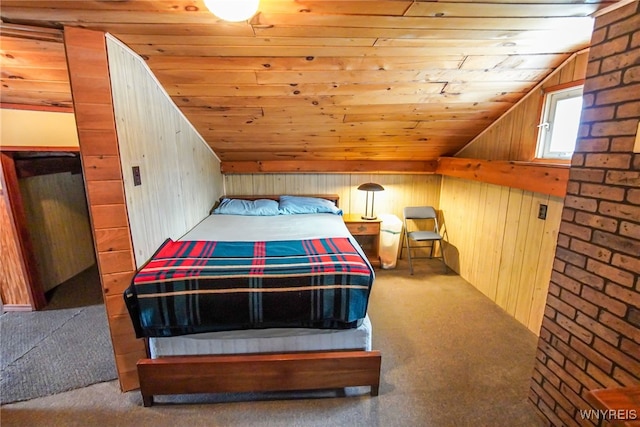 unfurnished bedroom featuring wood ceiling, carpet flooring, lofted ceiling, and wooden walls