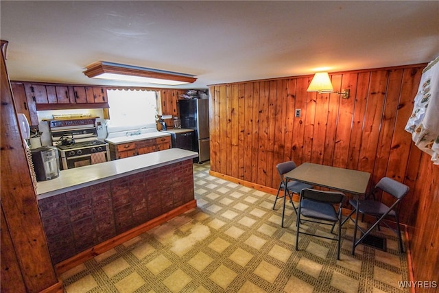 kitchen featuring wooden walls, stainless steel appliances, and kitchen peninsula