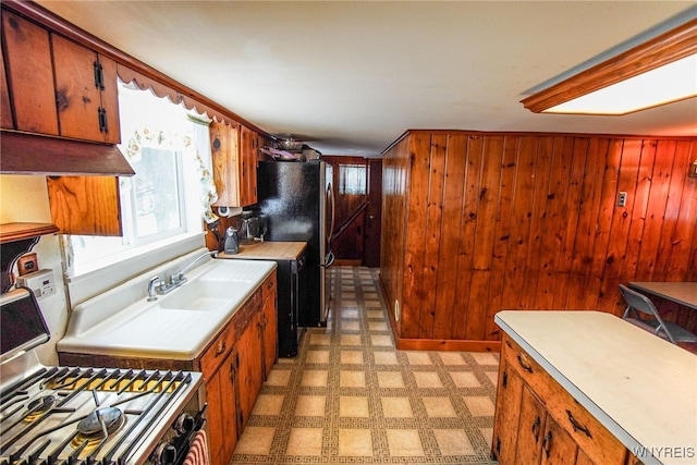 kitchen with stainless steel refrigerator, range with gas stovetop, sink, and wood walls