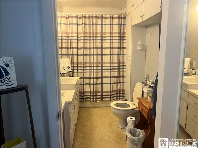 bathroom featuring vanity, toilet, and walk in shower