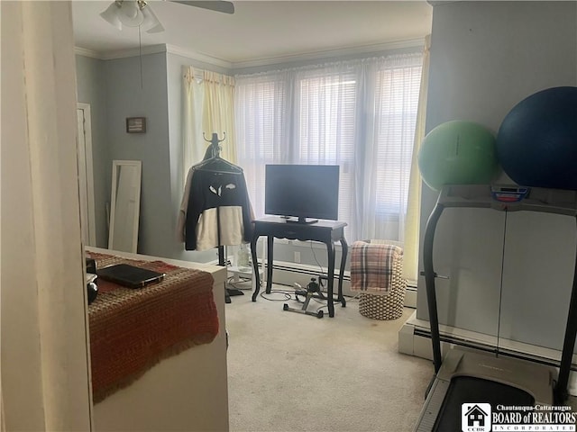 interior space with crown molding, a baseboard radiator, and ceiling fan