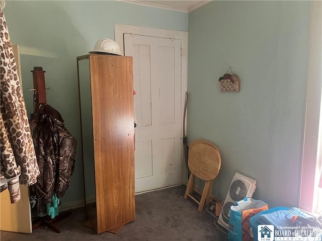 interior space with dark colored carpet