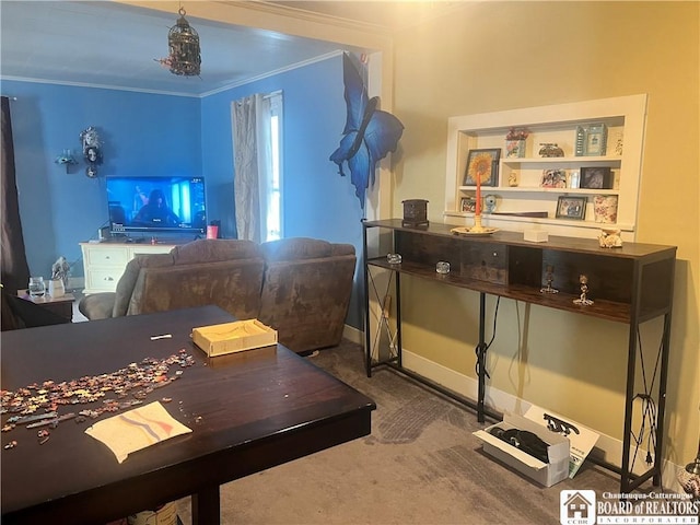 office space with crown molding and carpet flooring