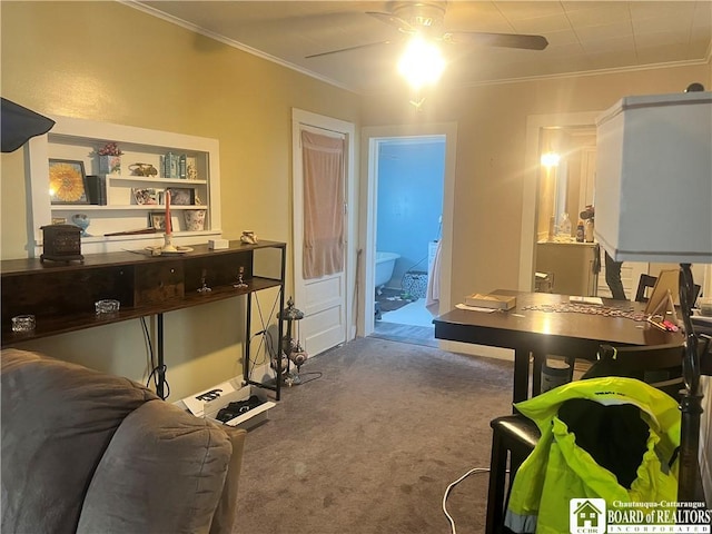 interior space with crown molding and ceiling fan