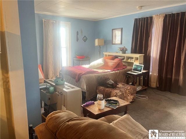 carpeted bedroom with crown molding