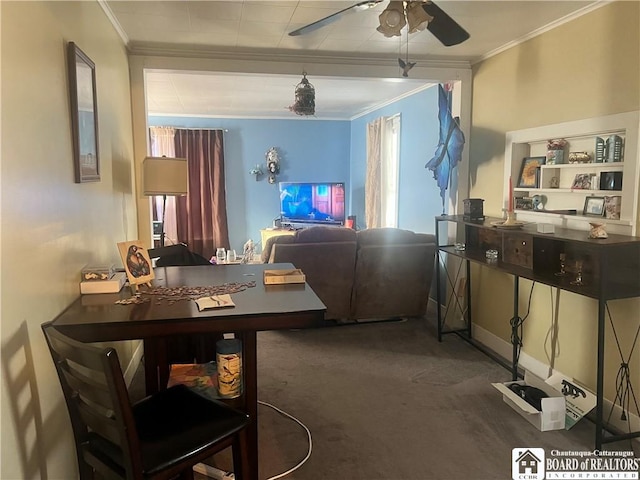 dining room featuring crown molding, ceiling fan, and dark carpet