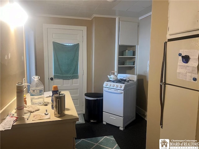 kitchen with crown molding and white appliances