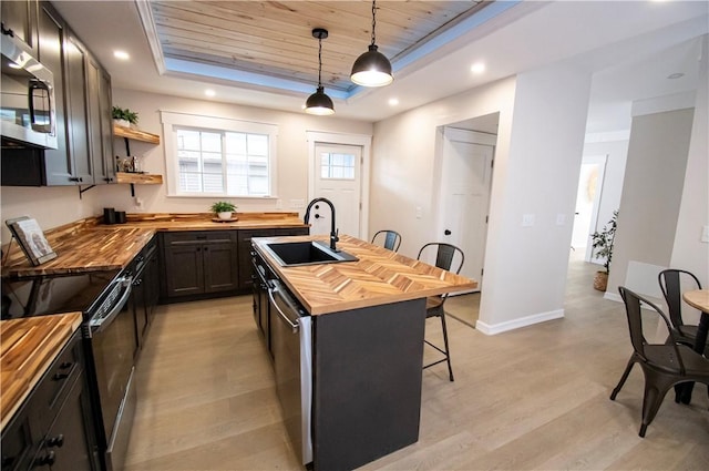 kitchen with sink, butcher block counters, a kitchen island with sink, stainless steel appliances, and decorative light fixtures