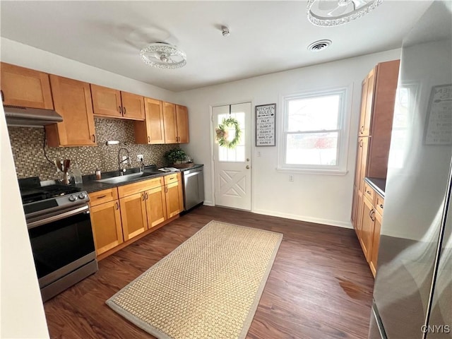 kitchen with stainless steel appliances, tasteful backsplash, sink, and dark hardwood / wood-style floors