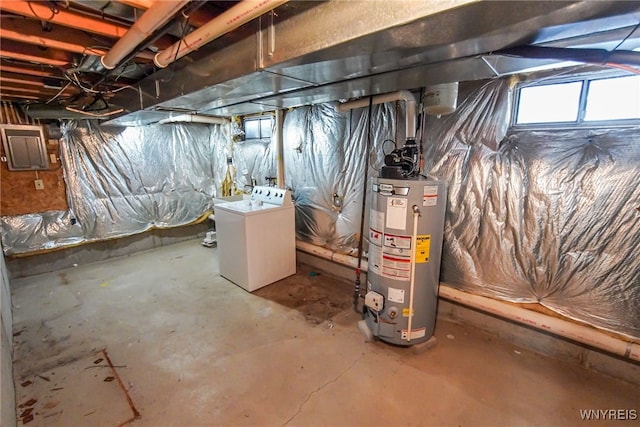 basement featuring independent washer and dryer, electric panel, and water heater