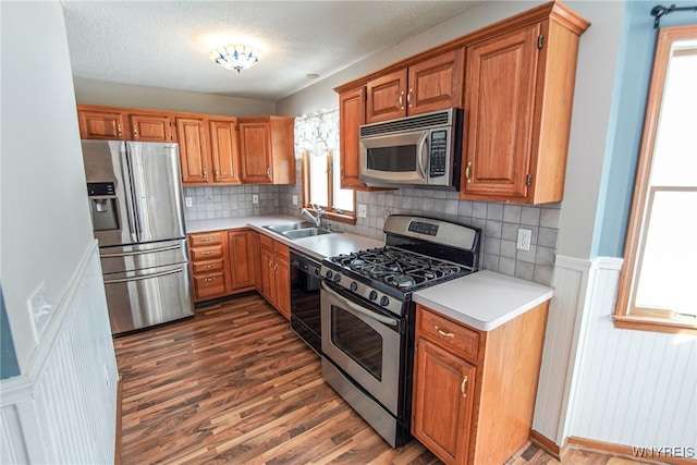 kitchen featuring dark hardwood / wood-style flooring, sink, tasteful backsplash, and appliances with stainless steel finishes