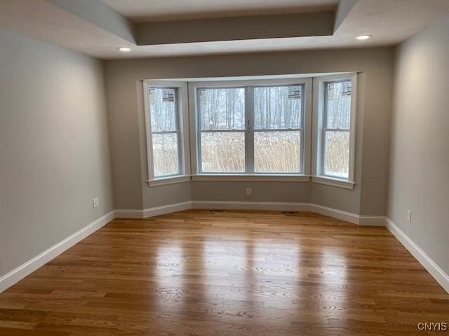 unfurnished room featuring a tray ceiling and wood-type flooring