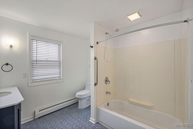 2202 River Rd, Wheatfield, NY 14304 - full bathroom with baseboard heating, toilet, baseboards, vanity, and bathing tub / shower combination