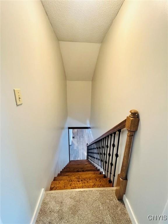 stairs featuring carpet flooring and a textured ceiling