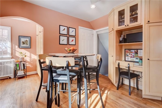 dining room featuring lofted ceiling, radiator, and light wood-type flooring