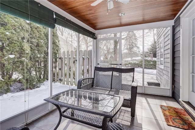 sunroom featuring wood ceiling and ceiling fan