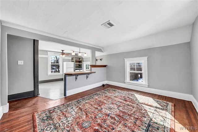 living room with dark hardwood / wood-style floors and ceiling fan