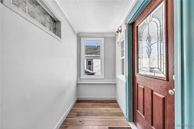 interior space featuring ornamental molding and light wood-type flooring