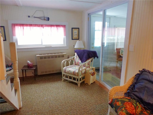 sitting room with a wealth of natural light, radiator heating unit, and carpet