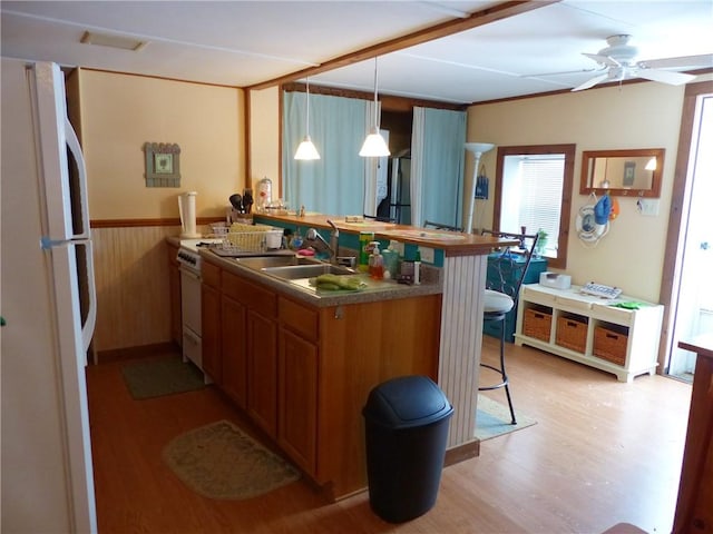 kitchen with sink, light wood-type flooring, white refrigerator, pendant lighting, and ceiling fan