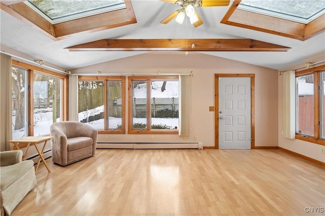 unfurnished sunroom with plenty of natural light, lofted ceiling with skylight, and baseboard heating