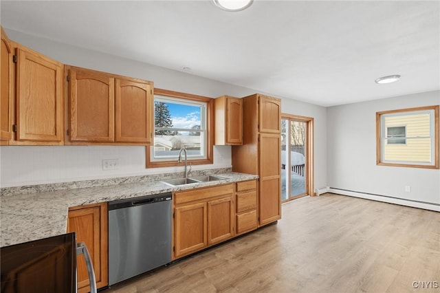 kitchen featuring sink, range, light hardwood / wood-style flooring, dishwasher, and a baseboard heating unit