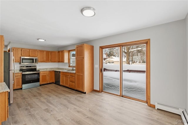 kitchen featuring appliances with stainless steel finishes, baseboard heating, and light hardwood / wood-style floors