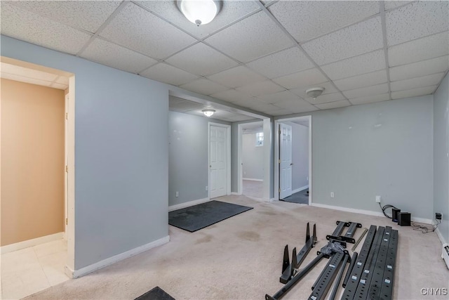 11190 US Route 11, Adams, NY 13605 - exercise area with a baseboard heating unit, a paneled ceiling, and light colored carpet