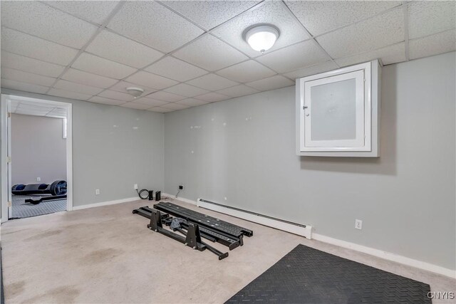 11190 US Route 11, Adams, NY 13605 - exercise area featuring a baseboard heating unit, carpet, a drop ceiling, and baseboards