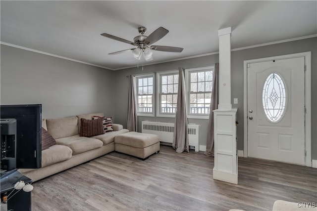 11190 US Route 11, Adams, NY 13605 - entrance foyer featuring ornate columns, crown molding, wood-type flooring, radiator, and ceiling fan