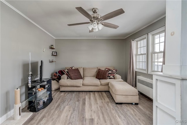 11190 US Route 11, Adams, NY 13605 - living room featuring ornamental molding, radiator heating unit, ceiling fan, and light hardwood / wood-style flooring