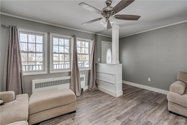 11190 US Route 11, Adams, NY 13605 - sitting room featuring radiator, ornamental molding, ceiling fan, wood finished floors, and baseboards