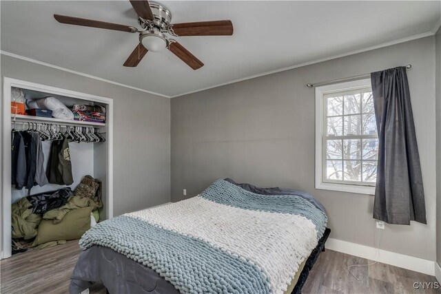 11190 US Route 11, Adams, NY 13605 - bedroom featuring wood finished floors, baseboards, a closet, crown molding, and ceiling fan