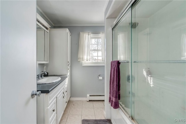 11190 US Route 11, Adams, NY 13605 - bathroom featuring crown molding, combined bath / shower with glass door, baseboard heating, vanity, and tile patterned floors