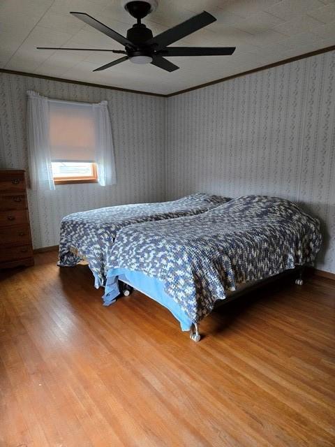 bedroom with ceiling fan, crown molding, and hardwood / wood-style floors