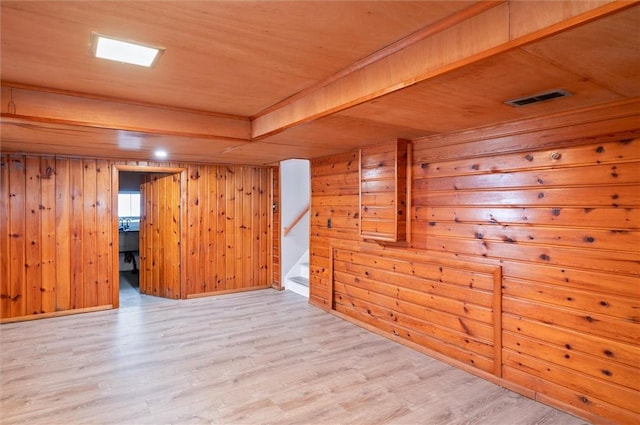 basement with wood-type flooring and wooden walls