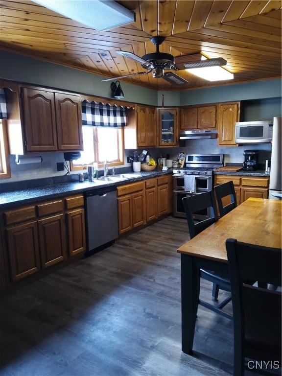 kitchen featuring appliances with stainless steel finishes, sink, dark hardwood / wood-style flooring, ceiling fan, and wood ceiling