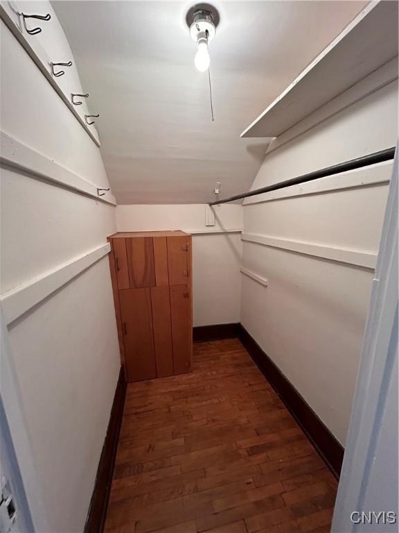 walk in closet featuring vaulted ceiling and dark hardwood / wood-style floors