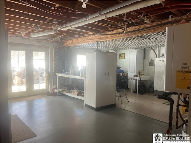 basement with white fridge