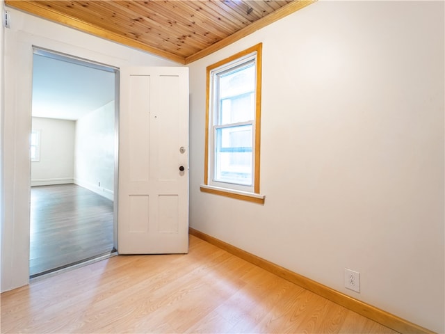 unfurnished room featuring wood ceiling and light hardwood / wood-style floors