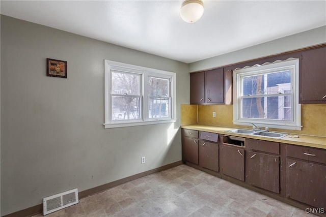 kitchen with sink, backsplash, and dark brown cabinets