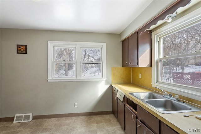 kitchen with sink, a wealth of natural light, and dark brown cabinetry