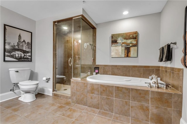 bathroom with separate shower and tub, tile patterned floors, and toilet