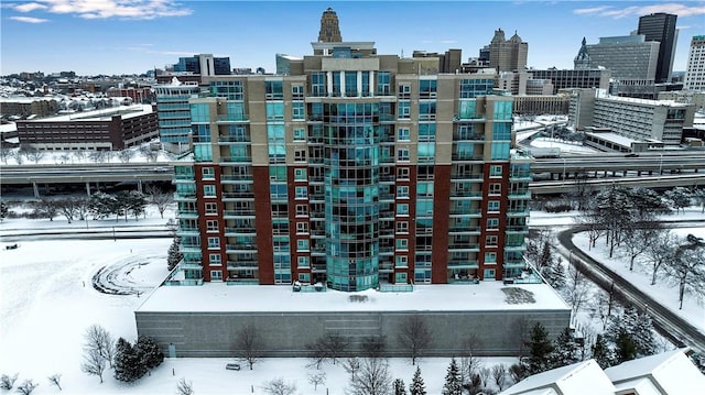 view of snow covered building