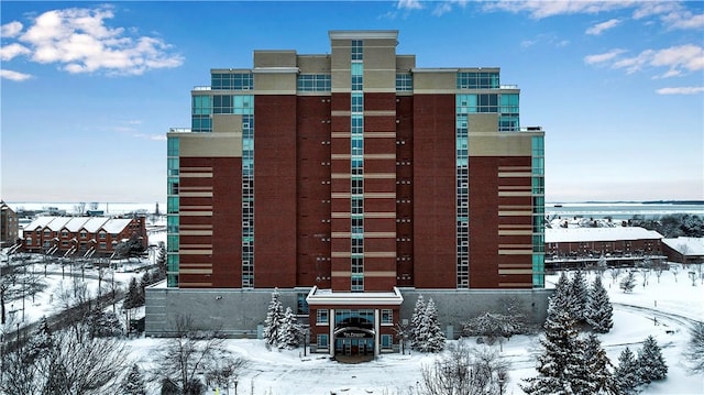 view of snow covered building