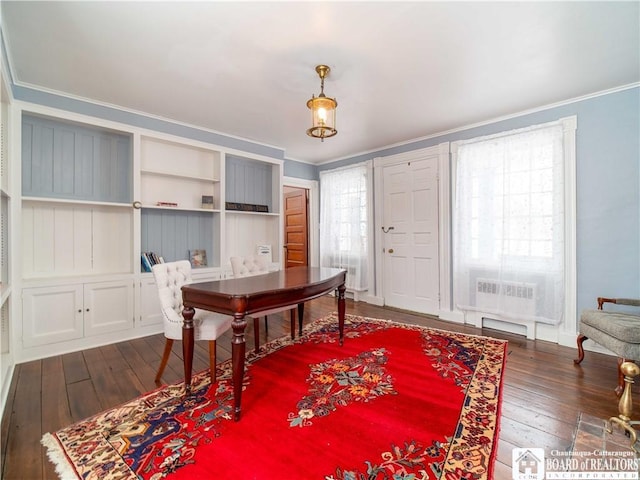 home office featuring crown molding, a wall mounted air conditioner, and dark hardwood / wood-style flooring